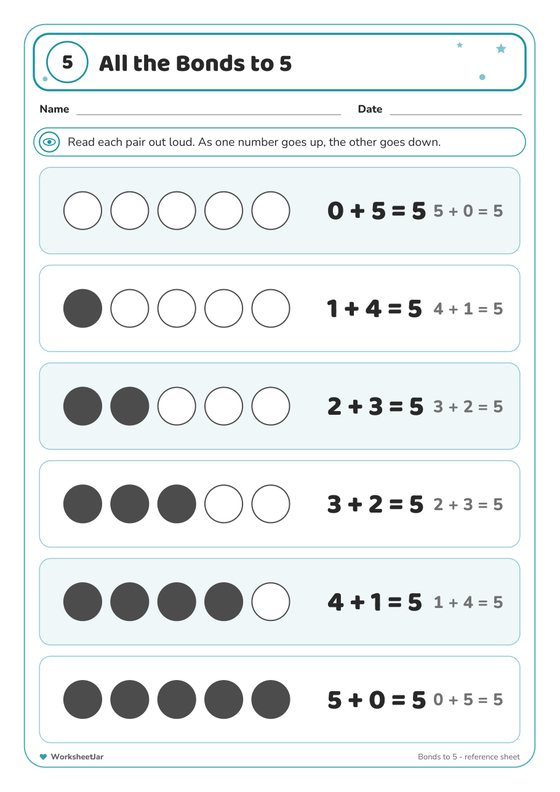 Number Bonds to 5 Worksheets - inside page 1