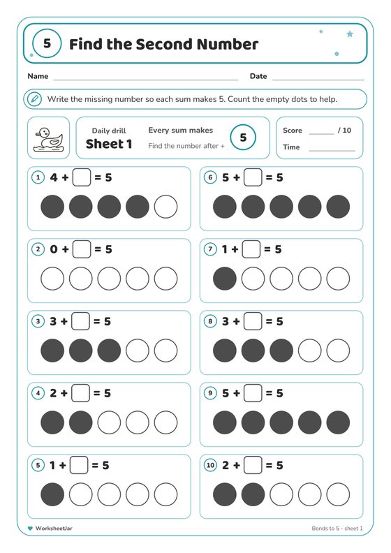Number Bonds to 5 Worksheets - inside page 2