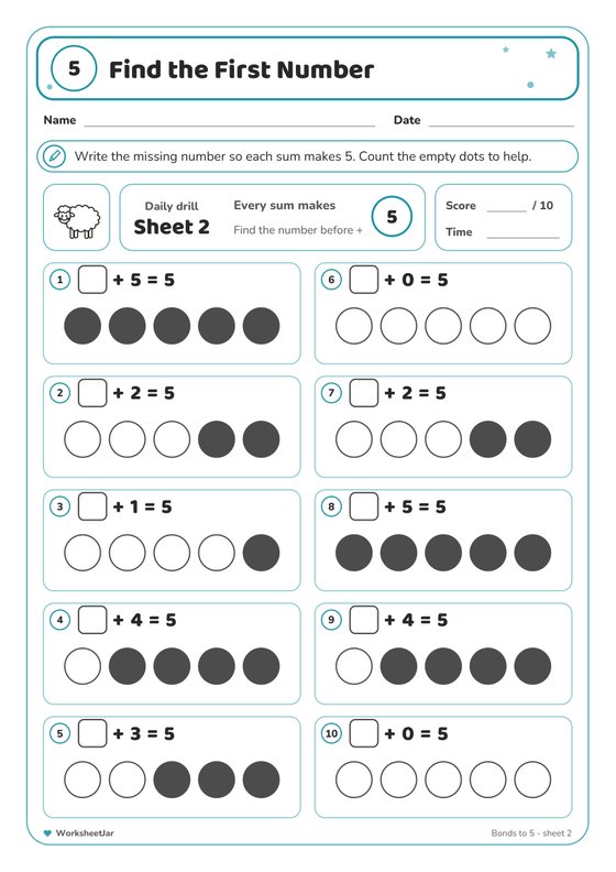 Number Bonds to 5 Worksheets - inside page 3