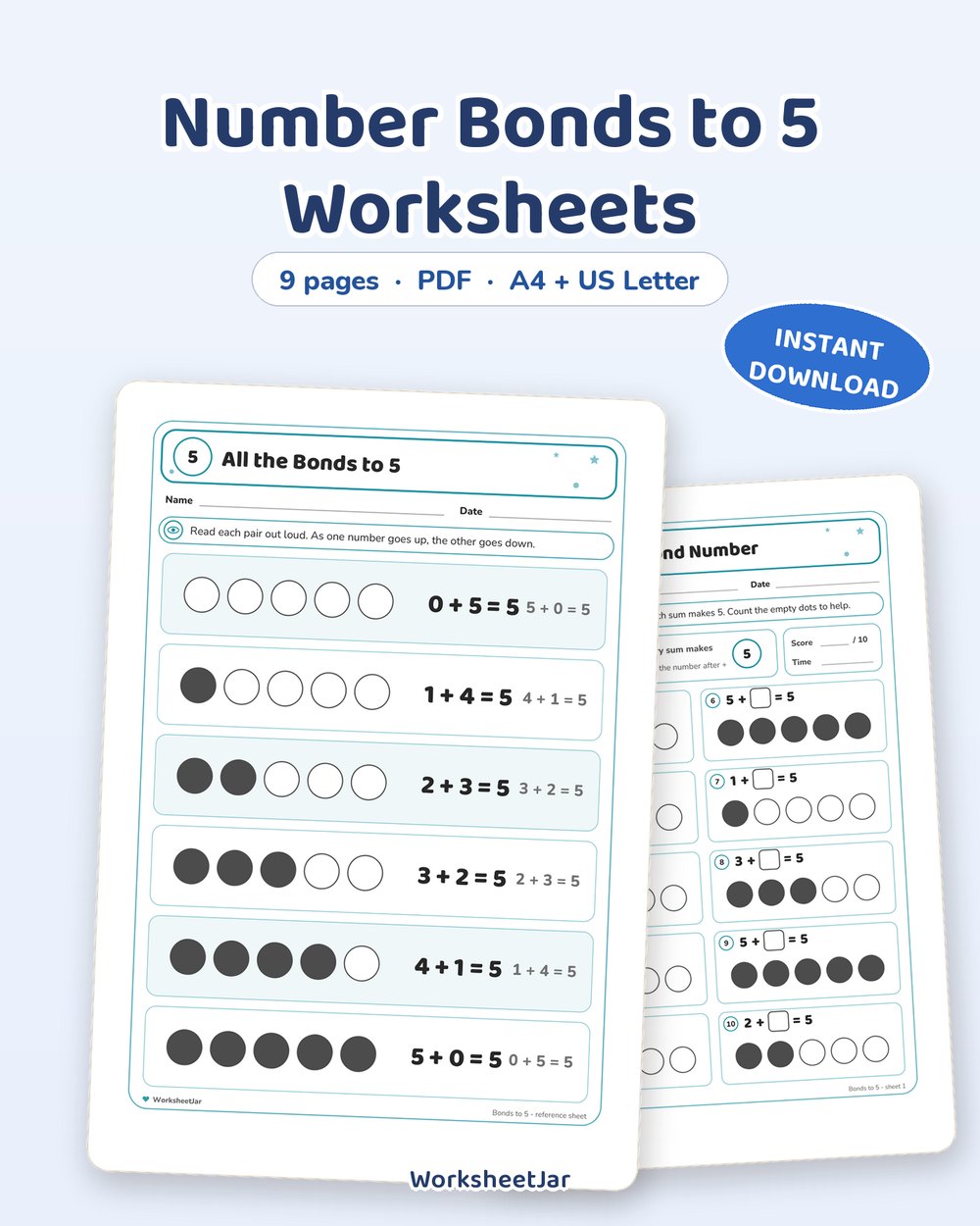 Number Bonds to 5 Worksheets | Making 5 Practice - printable numbers & math PDF, page preview