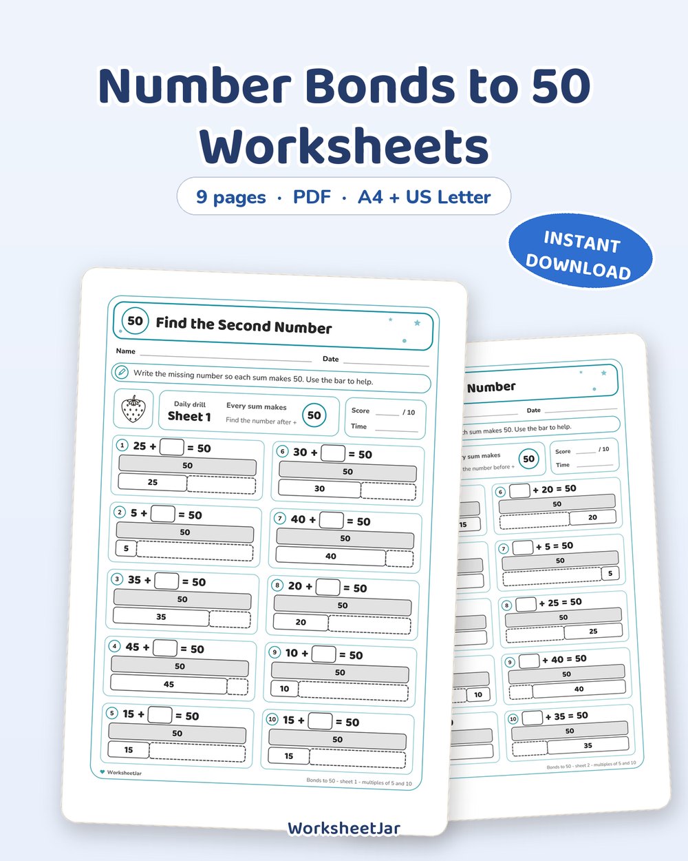 Number Bonds to 50 Worksheets | Making 50 Practice - printable numbers & math PDF, page preview