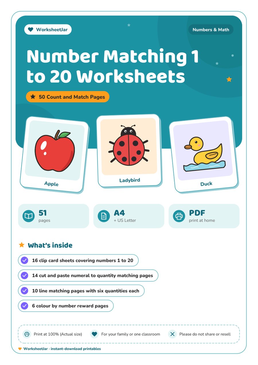 Number Matching 1 to 20 Worksheets - cover
