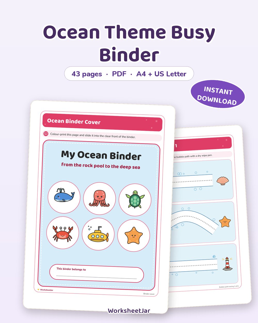 Ocean Theme Busy Binder | 43 Page Toddler Activity Pack - printable toddler & busy binders PDF, page preview