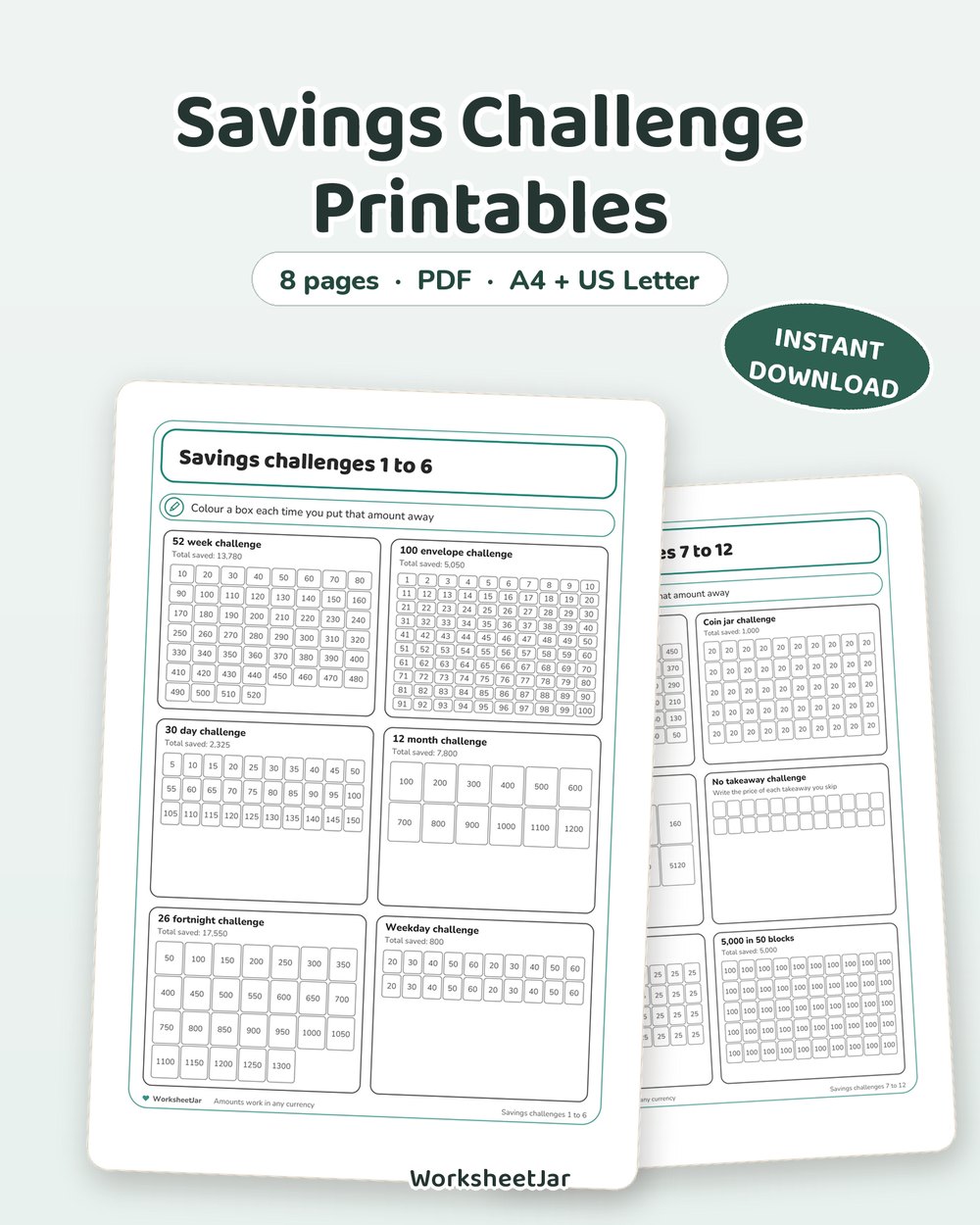 Savings Challenge Printables | 12 Colour-In Money Charts - printable money & productivity PDF, page preview