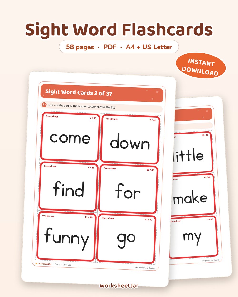 Sight Word Flashcards | 220 Pre-Primer to Grade 3 Words - printable alphabet & phonics PDF, page preview