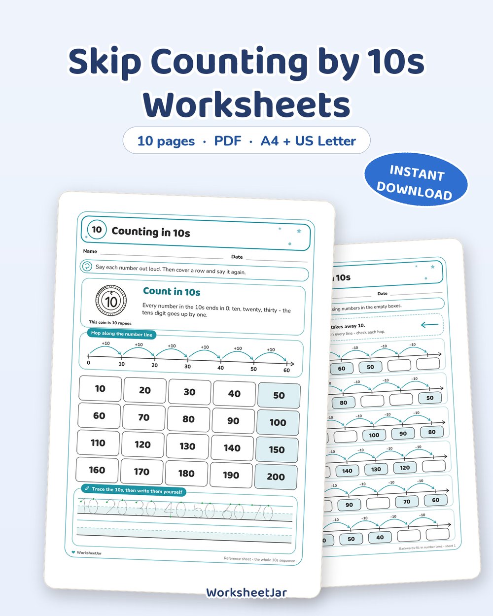 Skip Counting by 10s Worksheets | Number Lines and Hundred Square - printable numbers & math PDF, page preview