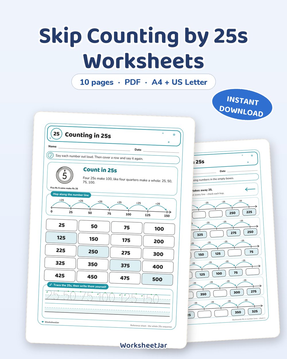 Skip Counting by 25s Worksheets | Number Lines and Hundred Square - printable numbers & math PDF, page preview