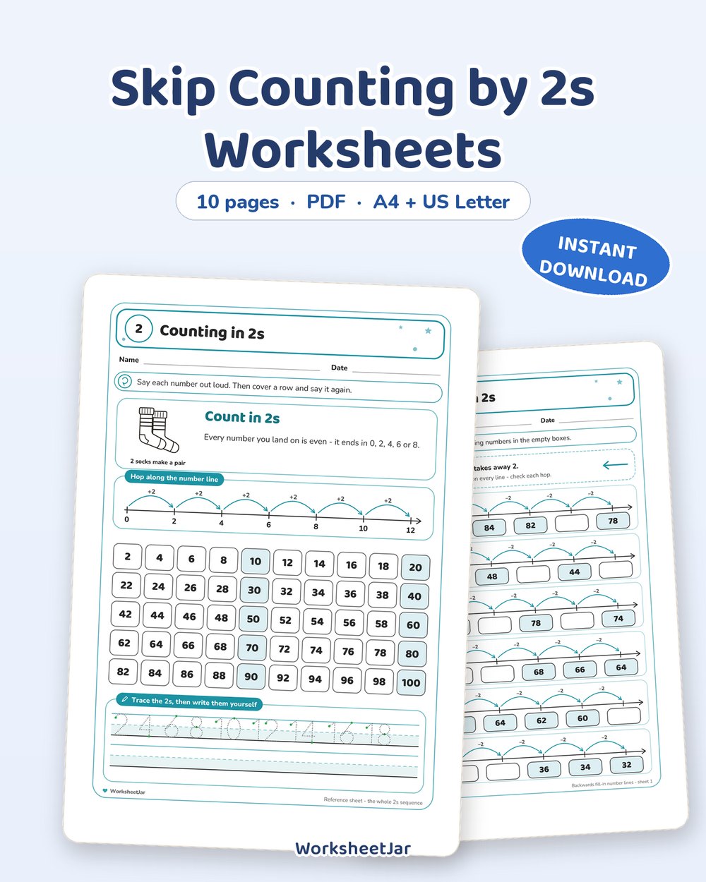 Skip Counting by 2s Worksheets | Number Lines and Hundred Square - printable numbers & math PDF, page preview