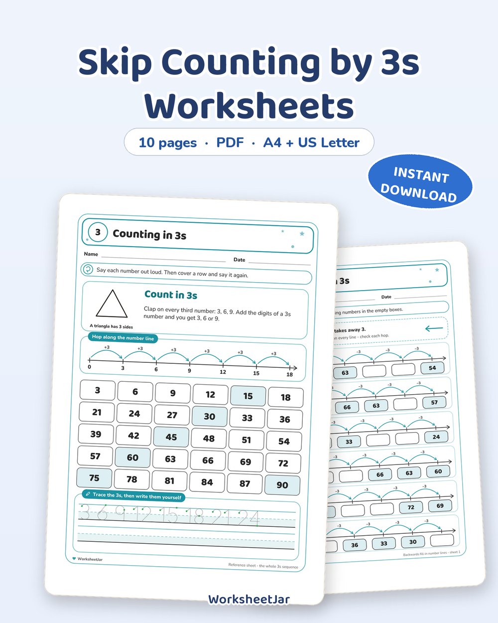 Skip Counting by 3s Worksheets | Number Lines and Hundred Square - printable numbers & math PDF, page preview