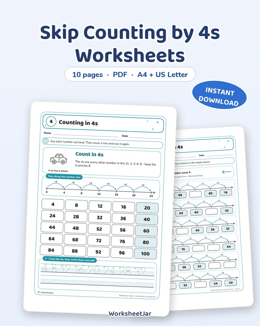 Skip Counting by 4s Worksheets | Number Lines and Hundred Square - printable numbers & math PDF, page preview