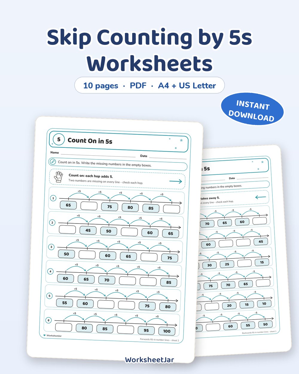 Skip Counting by 5s Worksheets | Number Lines and Hundred Square - printable numbers & math PDF, page preview