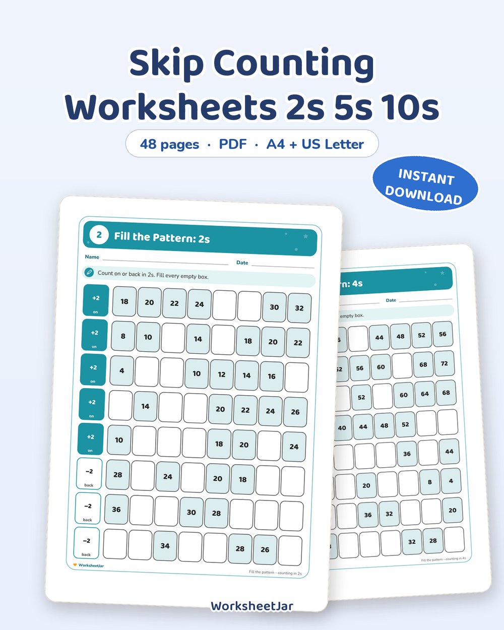 Skip Counting Worksheets 2s 5s 10s | 48 Pages with Answers - printable numbers & math PDF, page preview