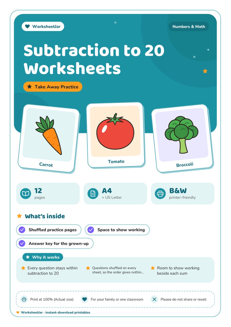 Subtraction to 20 Worksheets - cover