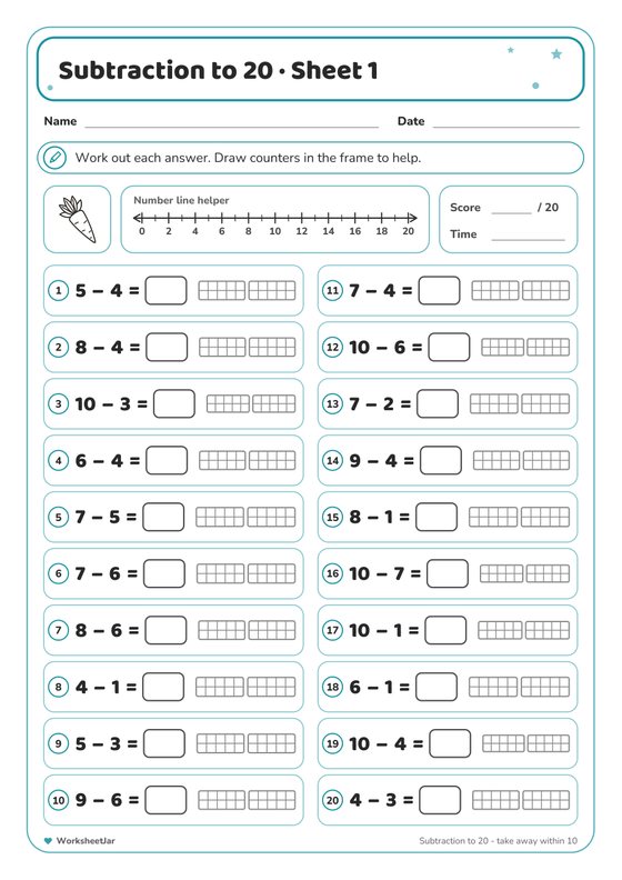 Subtraction to 20 Worksheets - inside page 1