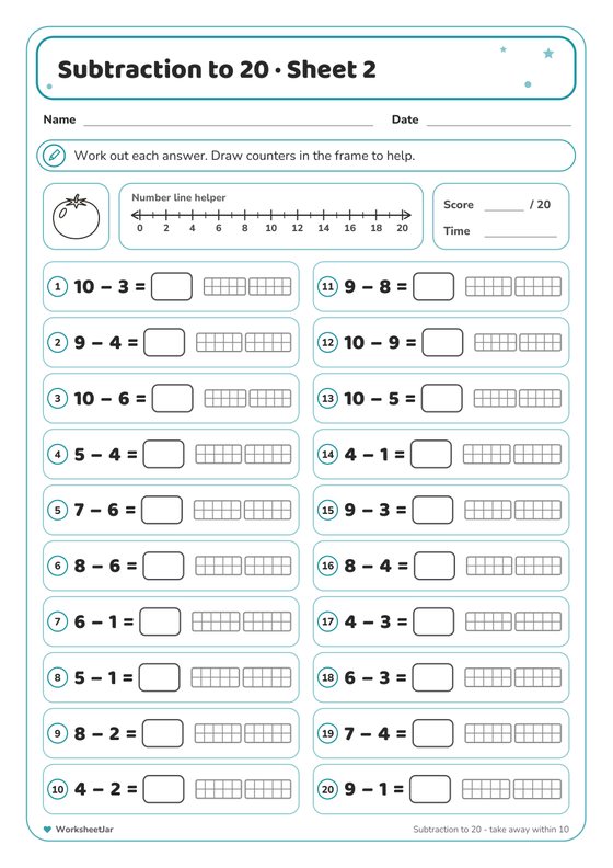Subtraction to 20 Worksheets - inside page 2