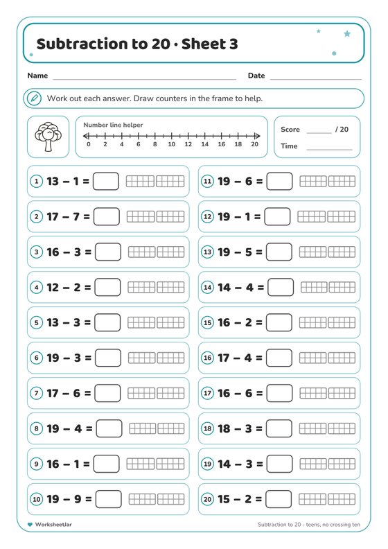 Subtraction to 20 Worksheets - inside page 3