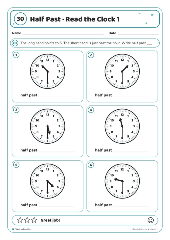 Telling the Time Half Past Worksheets - inside page 1