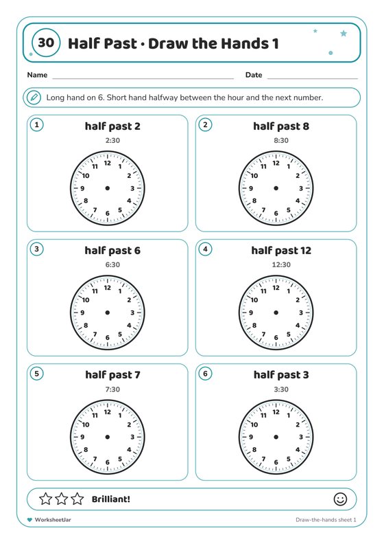 Telling the Time Half Past Worksheets - inside page 2