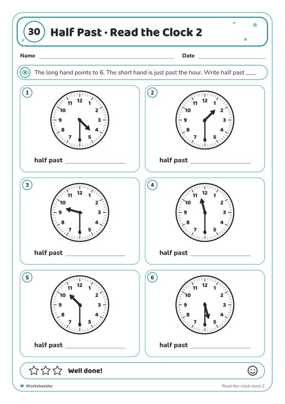 Telling the Time Half Past Worksheets - inside page 3