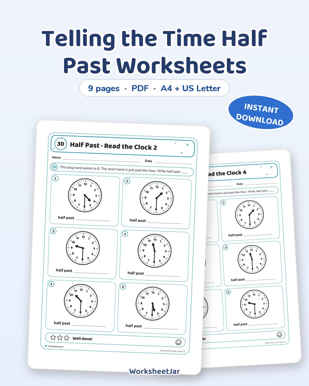 Telling the Time Half Past Worksheets | Hours and Halves - printable numbers & math PDF, page preview