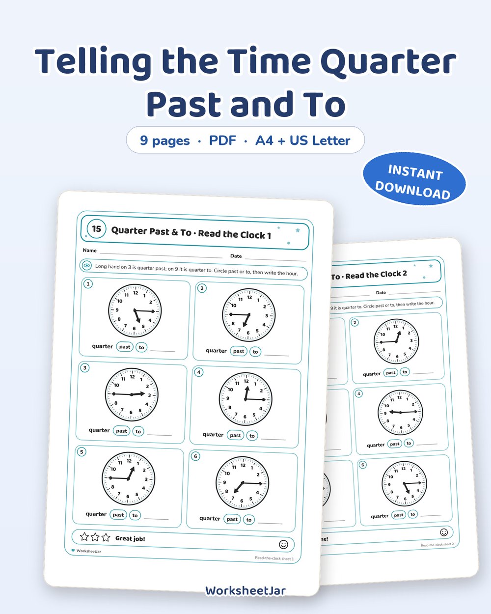Telling the Time Quarter Past and To | Reading Clocks - printable numbers & math PDF, page preview
