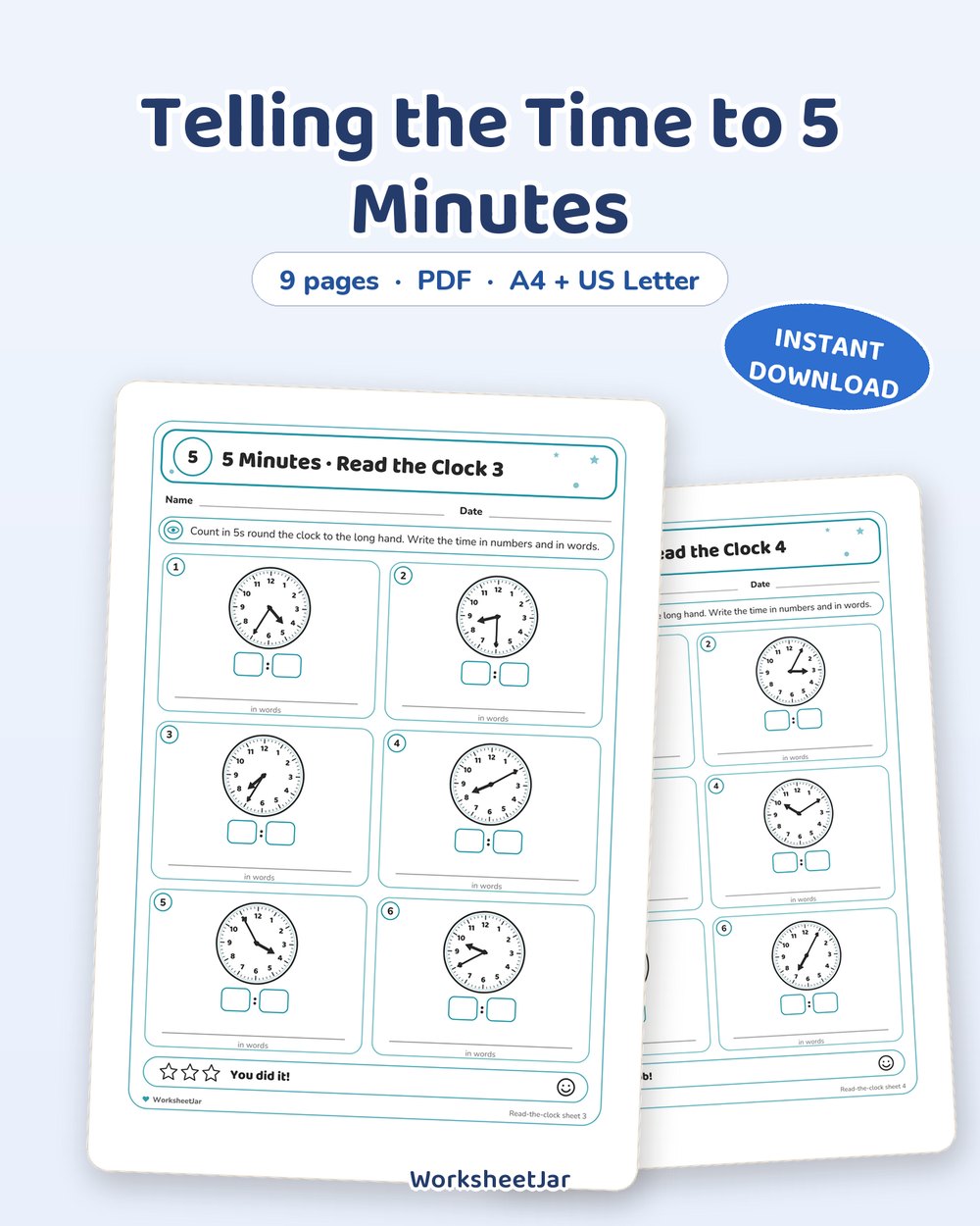 Telling the Time to 5 Minutes | Analogue Clock Practice - printable numbers & math PDF, page preview