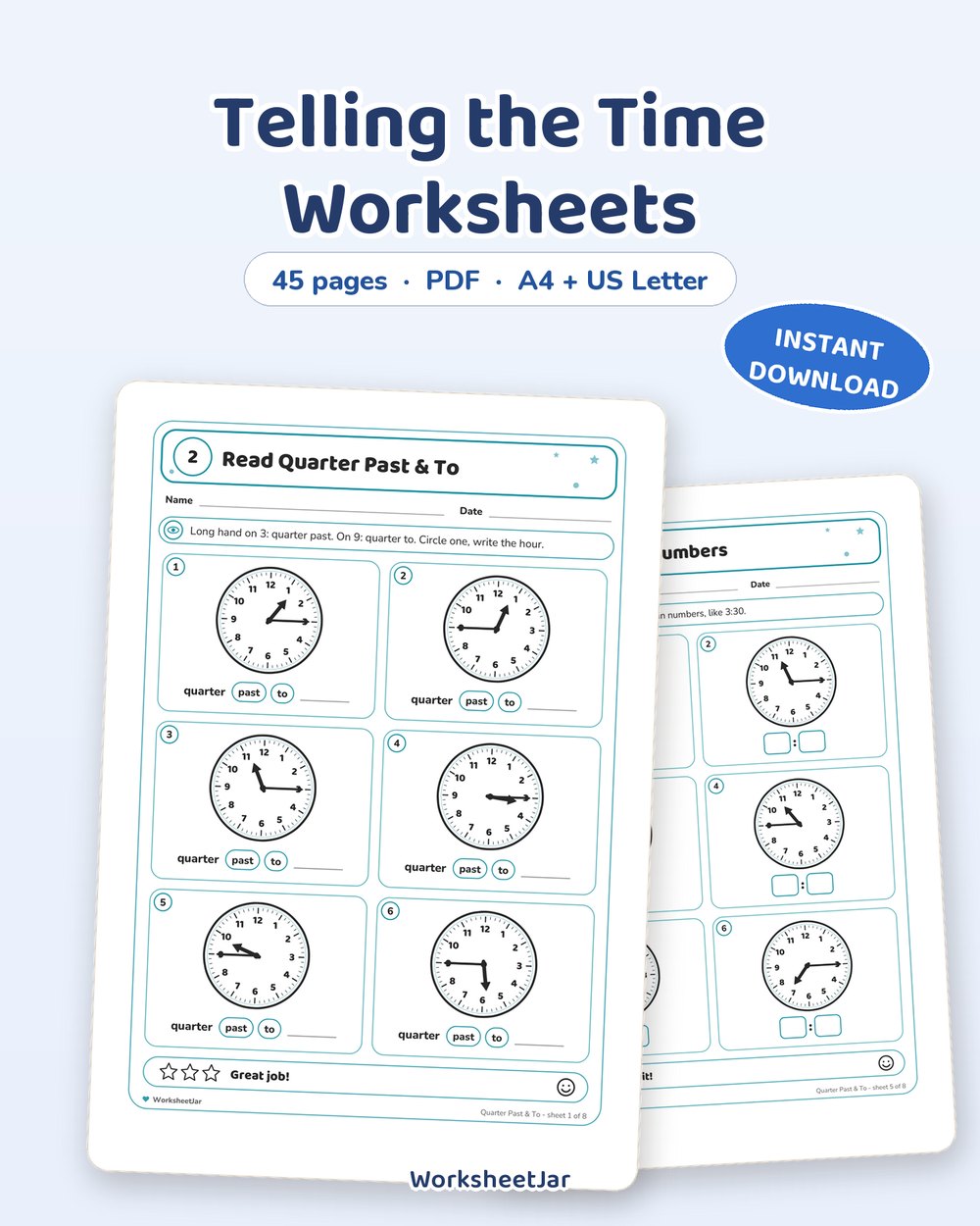 Telling the Time Worksheets | Clock Practice, 45 Pages - printable numbers & math PDF, page preview