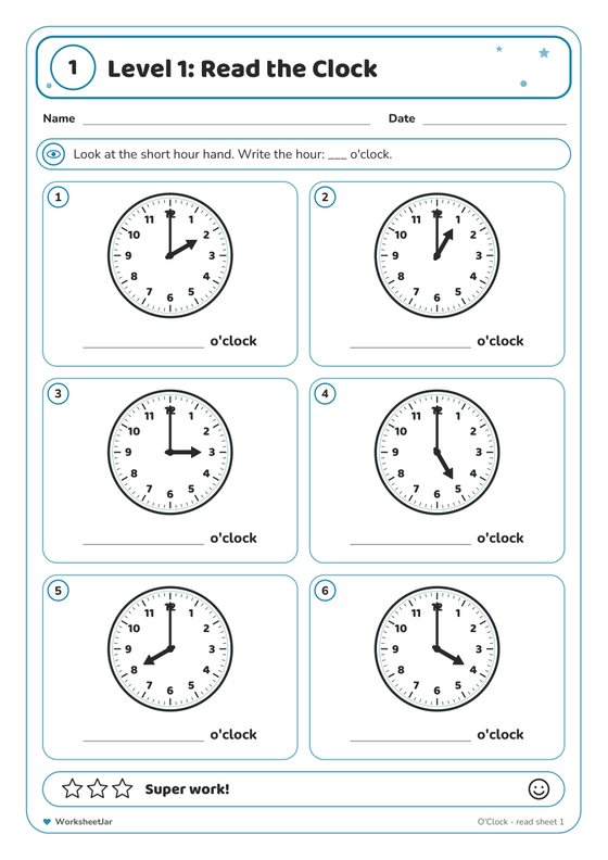 Telling Time Worksheets - inside page 1