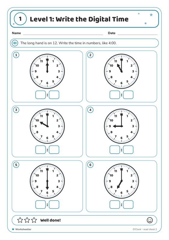 Telling Time Worksheets - inside page 2
