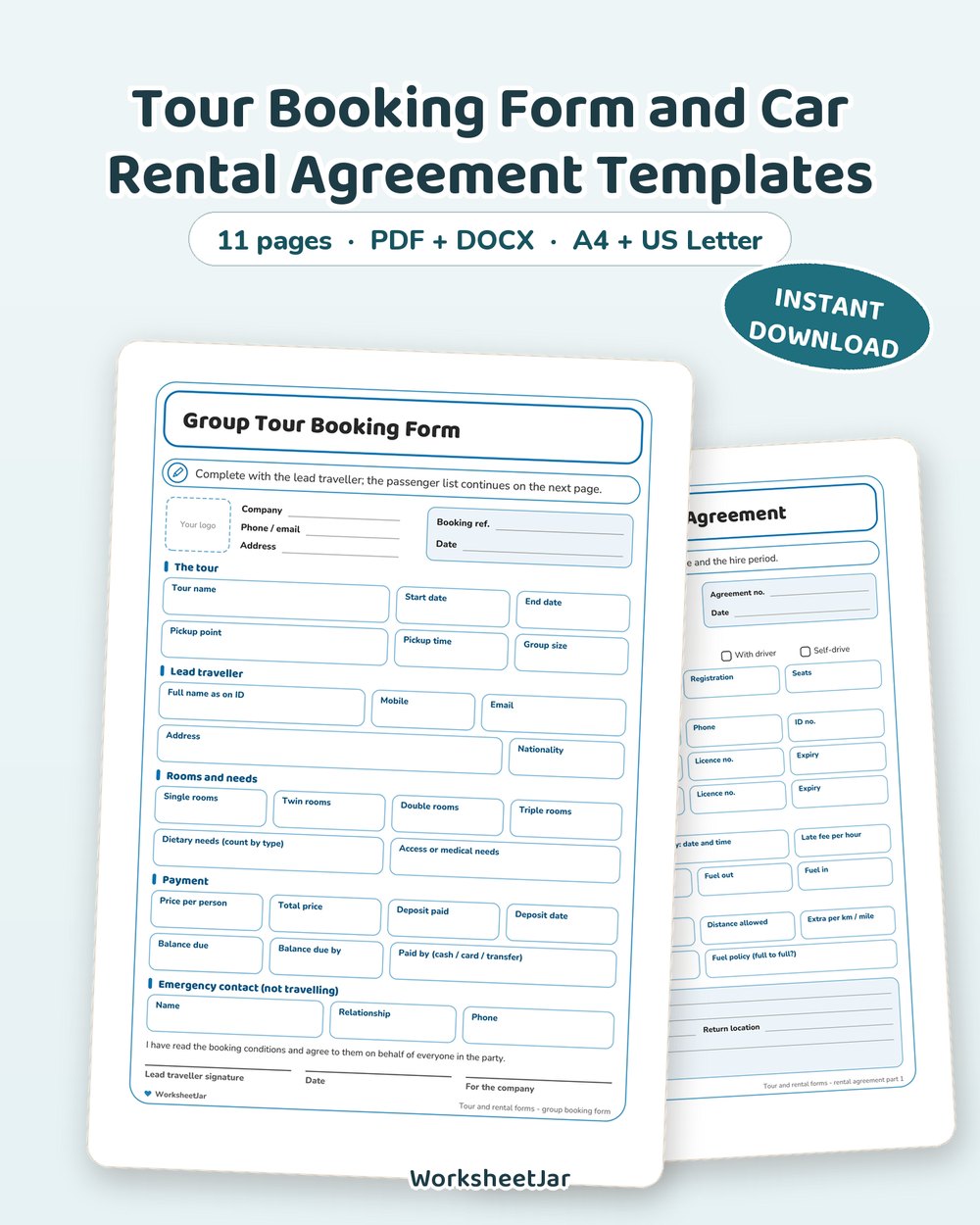 Tour Booking Form and Car Rental Agreement Templates - printable travel planners & guides PDF, page preview