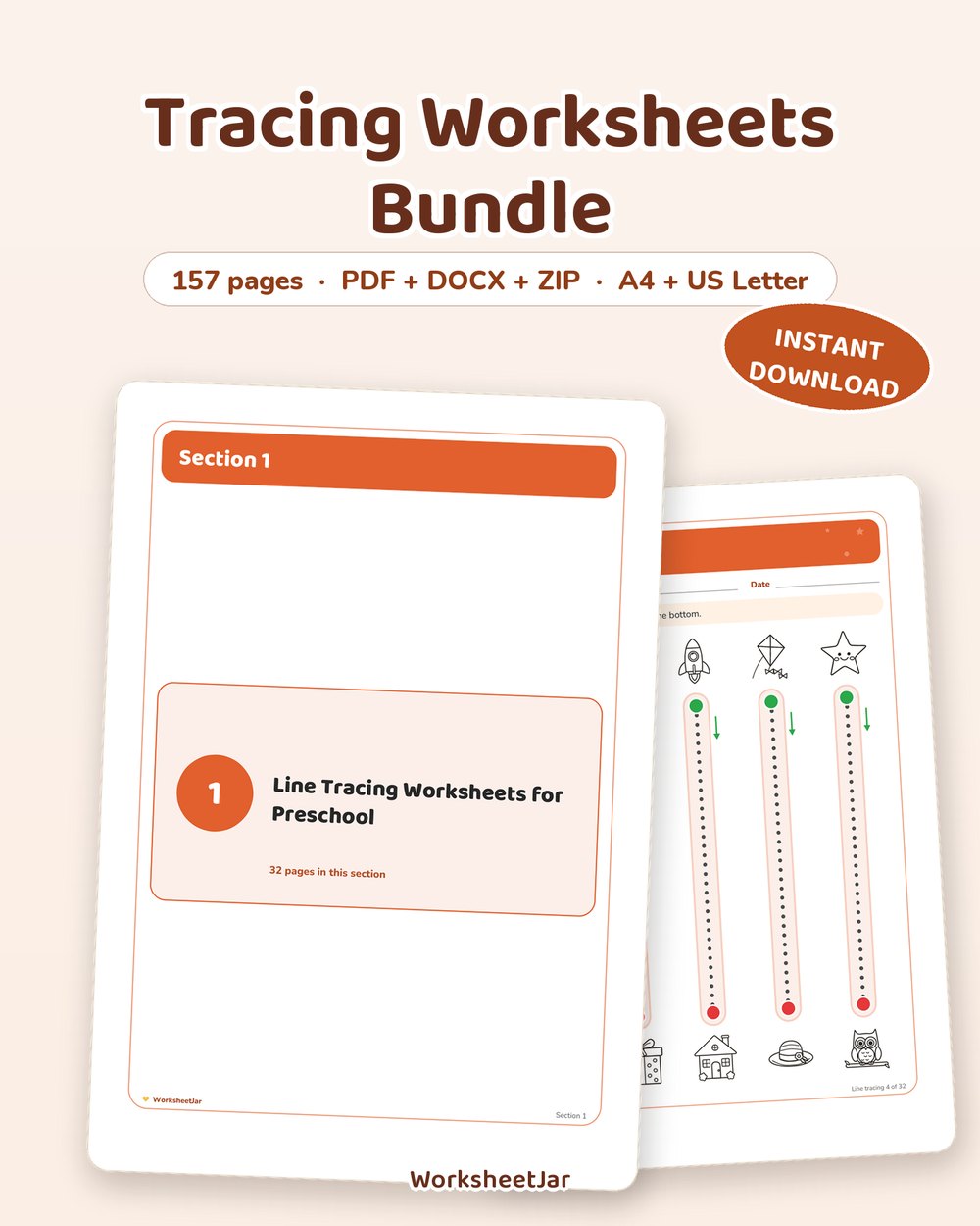 Tracing Worksheets Bundle | 157 Pages Lines Letters Numbers - printable tracing & pre-writing PDF, page preview