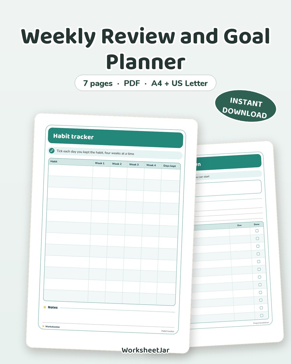 Weekly Review and Goal Planner | Undated Reusable Pages - printable money & productivity PDF, page preview